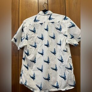 Casual White Shirt with Blue Bird Pattern